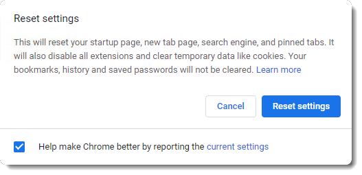 Google Chrome reset profile settings confirmation