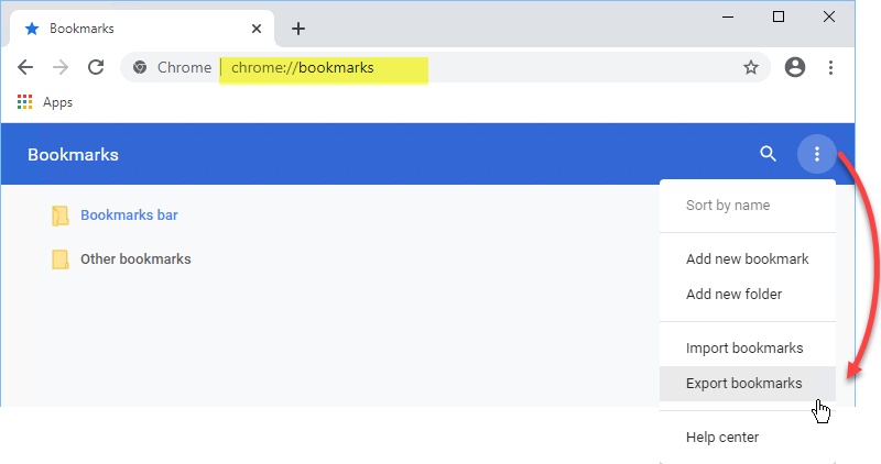 Google Chrome bookmarks manager - export bookmarks drop down menu