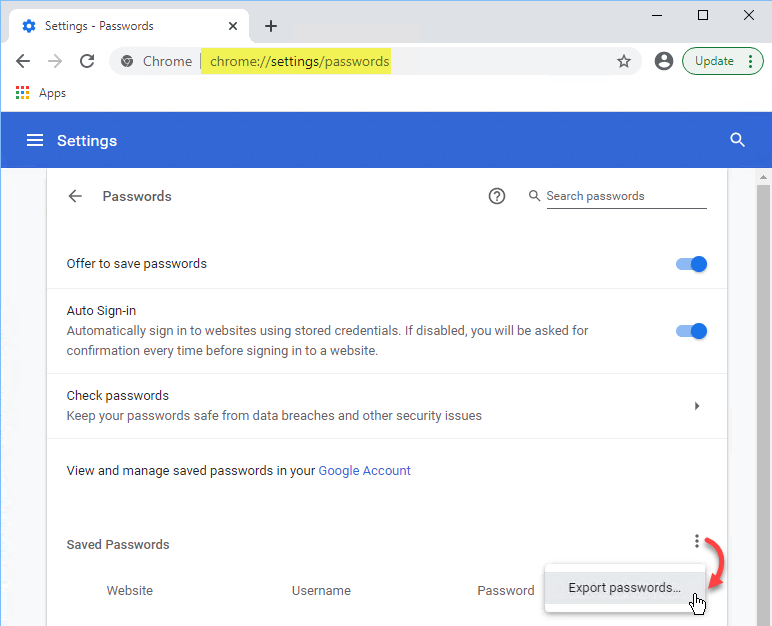 Google Chrome settings saved passwords section