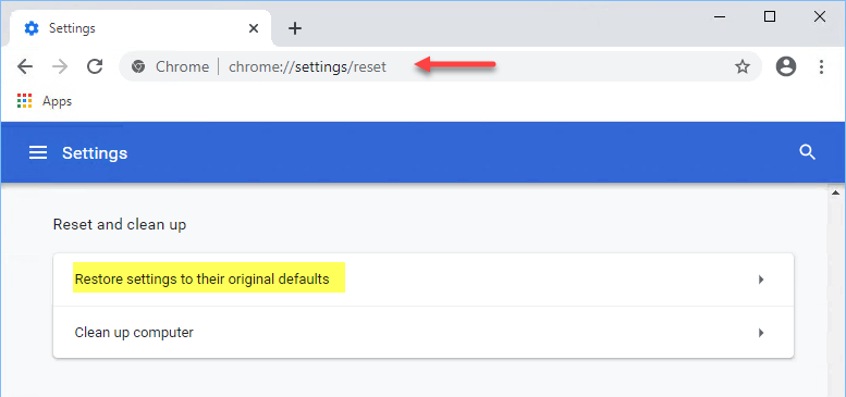Google Chrome settings reset and clean up section