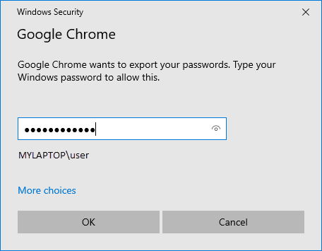Enter Windows password to export google chrome passwords